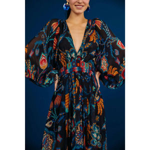 FARM RIO Dress. Sunset Tapestry Black Kaftan, Size M, New